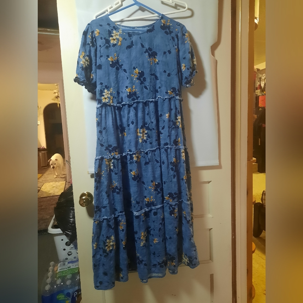 Floral blue dress size large with pockets